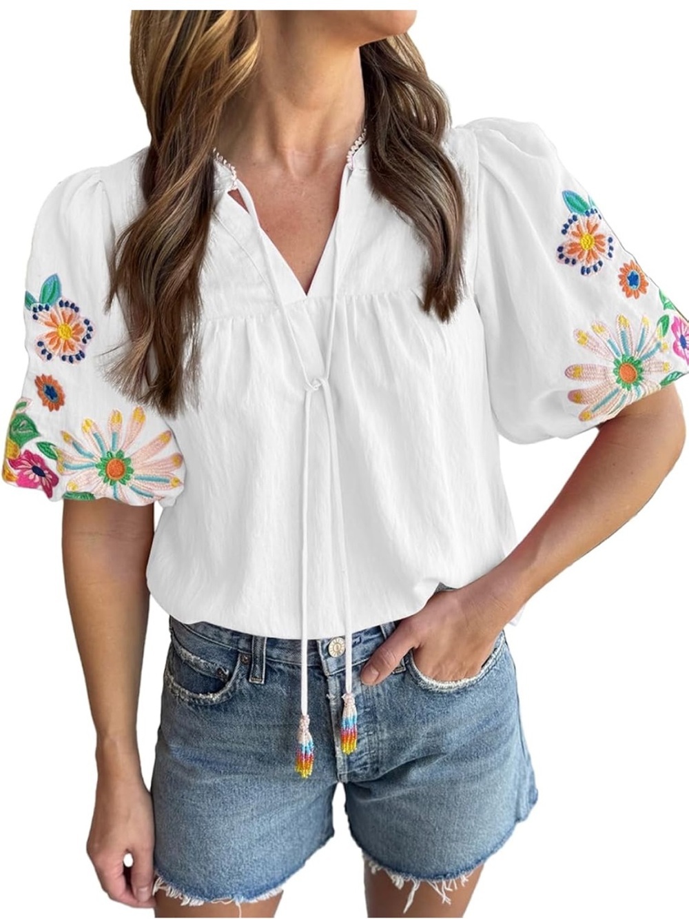 Embroidered Puff Sleeve Peasant Top - White